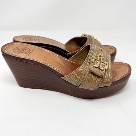 Tory Burch Elina Platform Tan Wedge Sandals - Picture 5 of 11